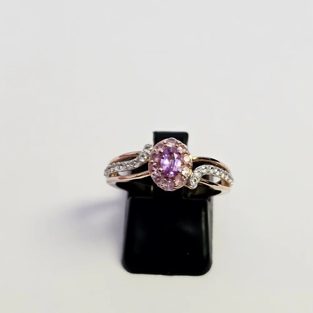 Natural Pink Sapphire & White Zircon Halo Ring in 14k Rose Gold/925 Size 7.5! - Picture 6 of 9